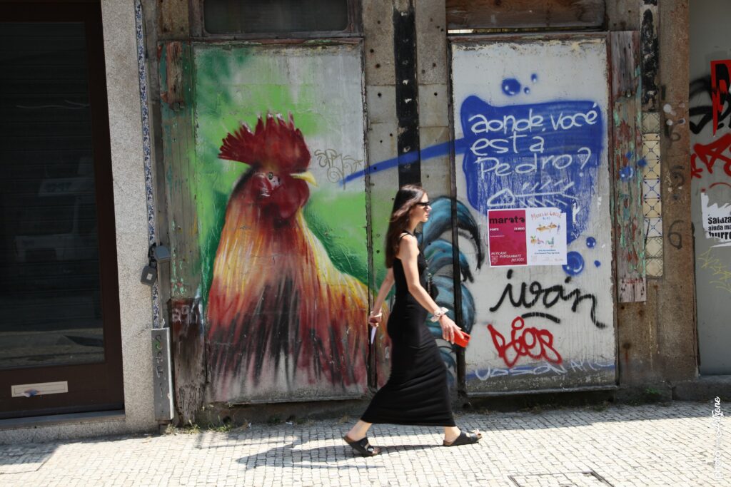 Street art de Udson Araújo montrant un coq coloré peint sur un mur urbain à Porto.