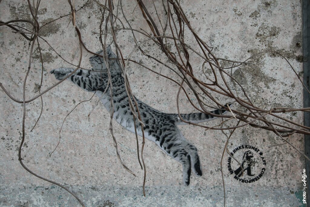Pochoir street art Jinks Kunst félin en saut sur mur urbain